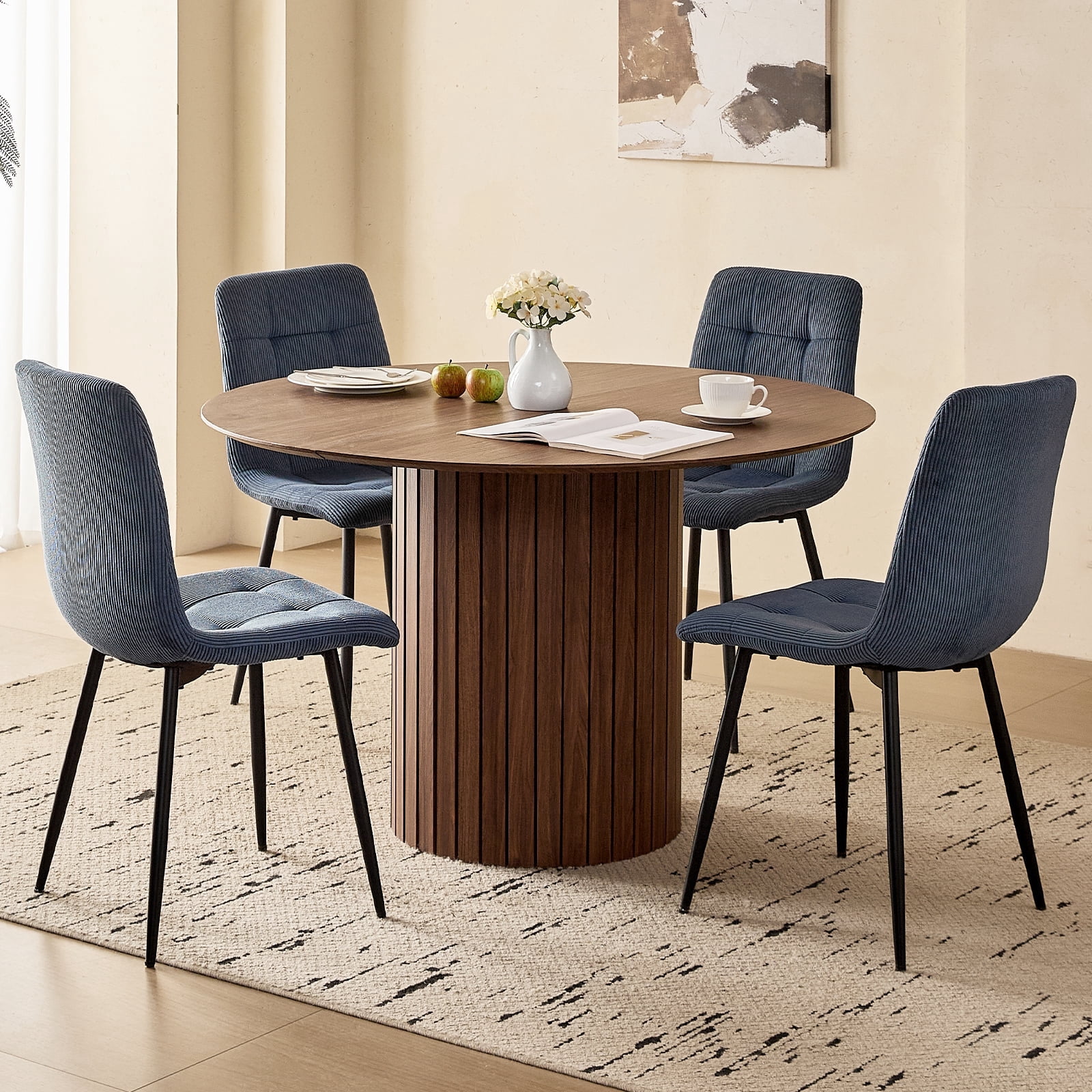 47" Round Dining Table Set of 4 Brown, Blue Corduroy Dining Chair Set of 4