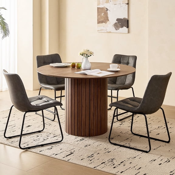 47" Round Dining Table Set of 4 Brown, Grey Synthetic Leather Sled Leg Dining Chair Set of 4