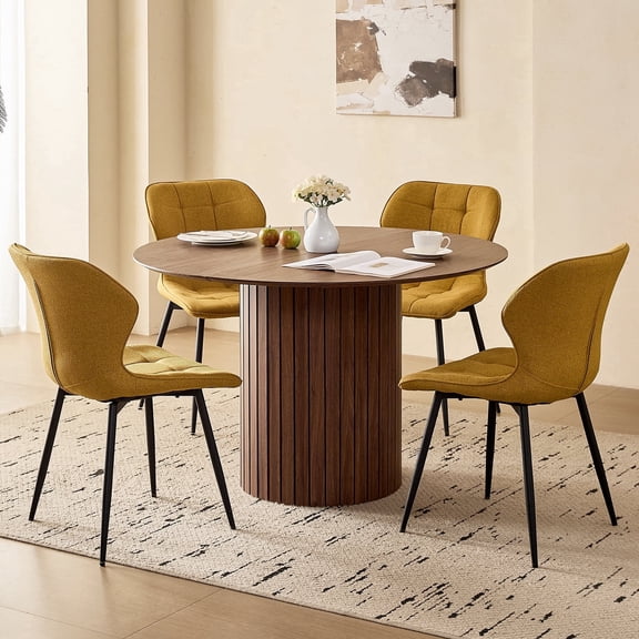 47" Round Dining Table Set of 4 Brown, Yellow Water Resistant Fabric Dining Chairs Set of 4