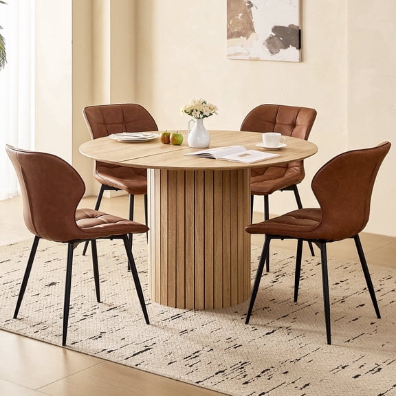 47" Round Dining Table Set of 4 Natural, Brown Modern Synthetic Leather Upholstered Dining Chair Set of 4