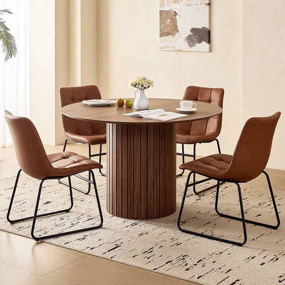 47" Round Dining Table Set of 4 Natural, Brown Synthetic Leather Sled Leg Dining Chair Set of 4
