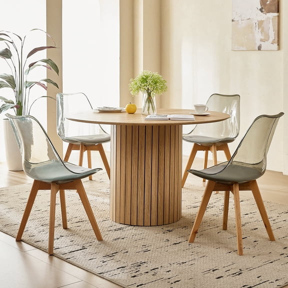 47" Round Dining Table Set of 4 Natural, Grey Acrylic Modern Dining Chairs Set of 4