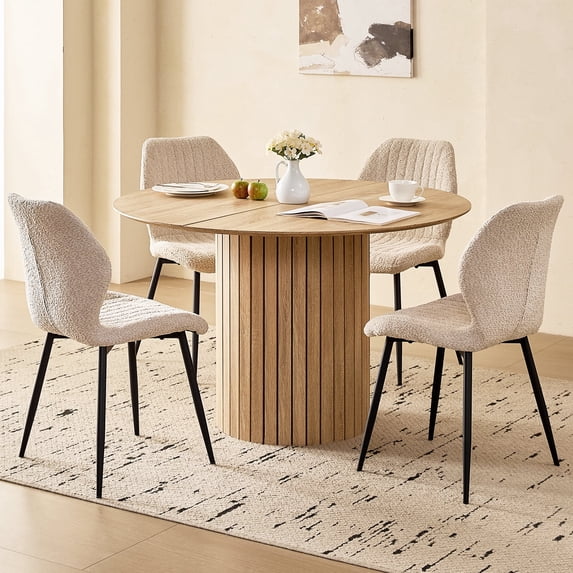 47" Round Dining Table Set of 4, Natural Wood Kitchen Table with 4 Beige Boucle Dining Chairs