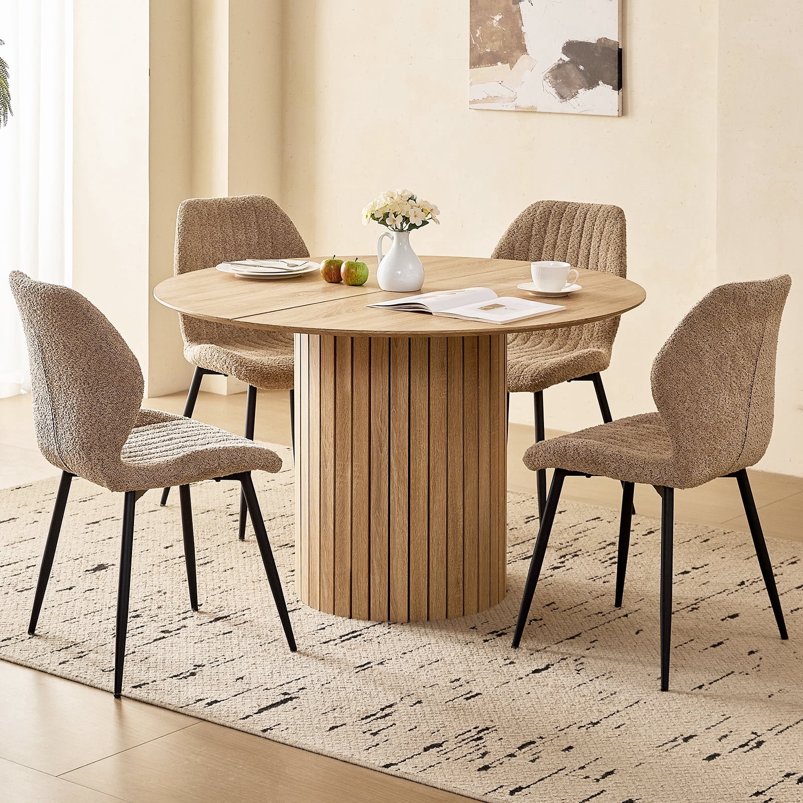 47" Round Dining Table Set of 4, Natural Wood Kitchen Table with 4 Brown Boucle Dining Chairs