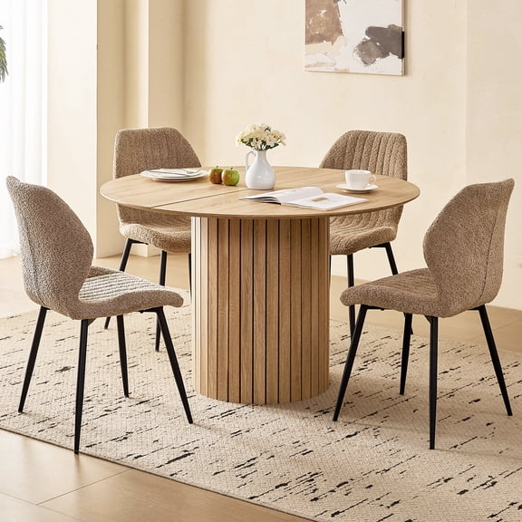 47" Round Dining Table Set of 4, Natural Wood Kitchen Table with 4 Brown Boucle Dining Chairs