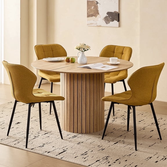 47" Round Dining Table Set of 4 Natural, Yellow Water Resistant Fabric Dining Chairs Set of 4