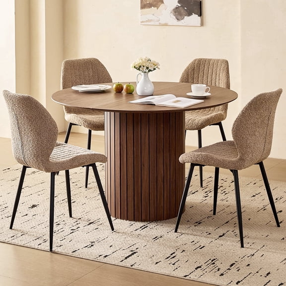 47" Round Dining Table Set of 4, Wood Kitchen Table with 4 Brown Boucle Dining Chairs