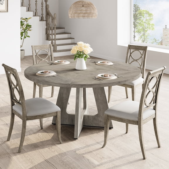 47" Round Dining Table for 4–6, Farmhouse Style Kitchen Table with Cross Pedestal, 63 lbs, Stable Non-Slip Design (Table Only)