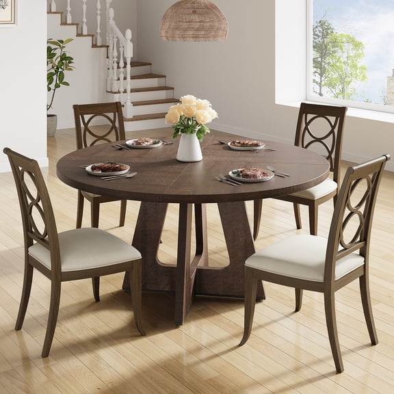 47" Round Dining Table for 4–6, Farmhouse Style Kitchen Table with Cross Pedestal, 63 lbs, Stable Non-Slip Design (Table Only)