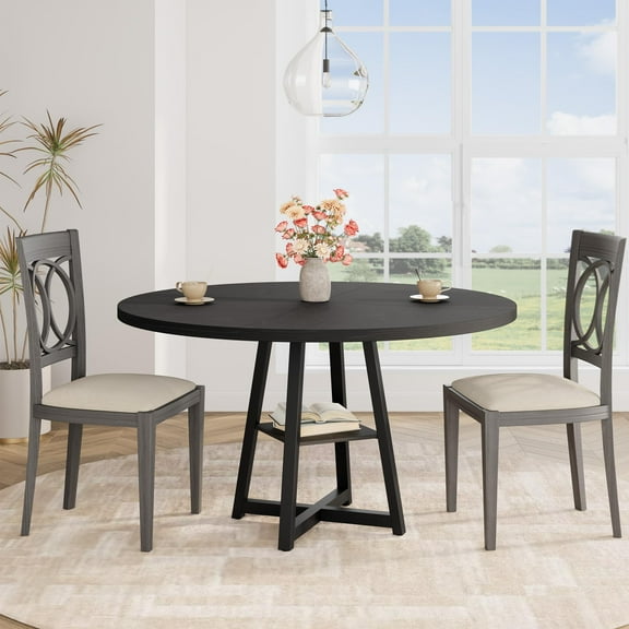 47" Round Dining Table for 4-6 – Industrial Kitchen Table with Metal Pedestal Base and Space-Saving Storage for Dining Room