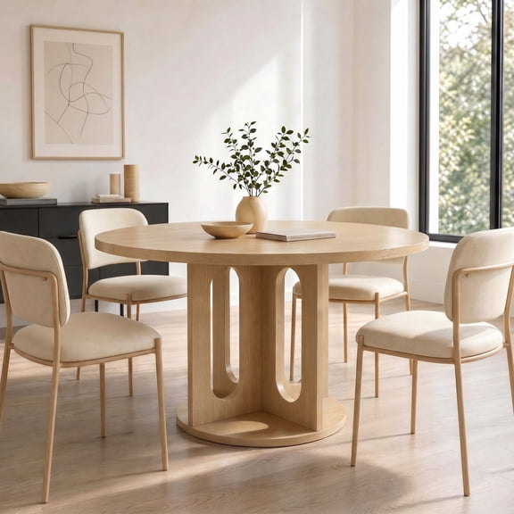 47 Inch Round Solid Wood Dining Table for 4-6 People, Modern Farmhouse Mid-Century Circular Table with Pedestal Base for Dining Room and Apartment