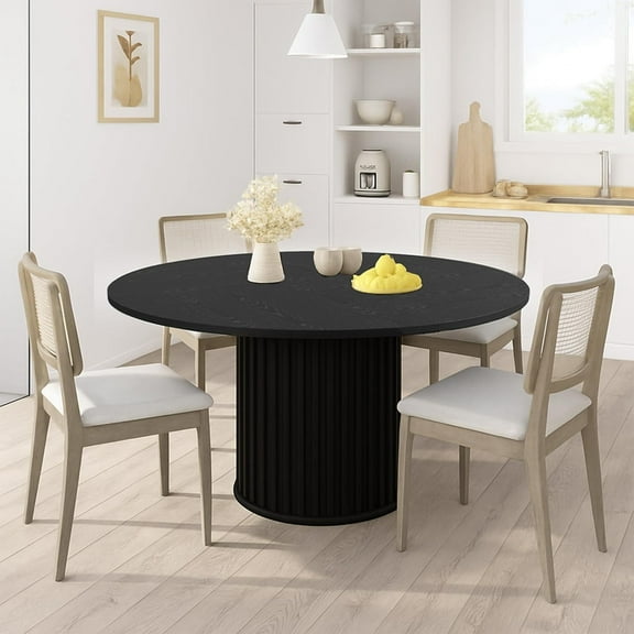 47" Round Dining Table for 4-6 People, Farmhouse Circle Kitchen Table with Sturdy Waveform Metal Pedestal Base, Black