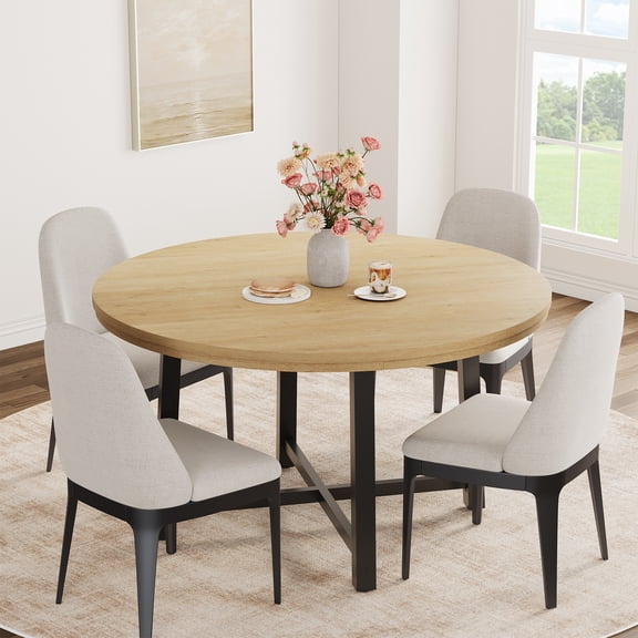 47" Round Dining Table for 4-6 People, Modern Natural Wood Kitchen Table with Metal Legs, Space Saving Circle Dining Room Table (No Chairs)