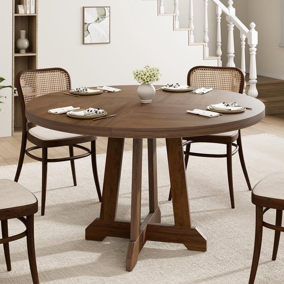47" Round Dining Table for 4-6 People, Wooden Rustic Kitchen Table with Crossed Legs