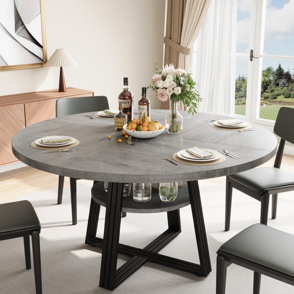 47" Round Dining Table for 4-6 People with Storage Shelf, Farmhouse Kitchen Table with Metal Legs, Space-Saving Design for Dining Room or Apartment