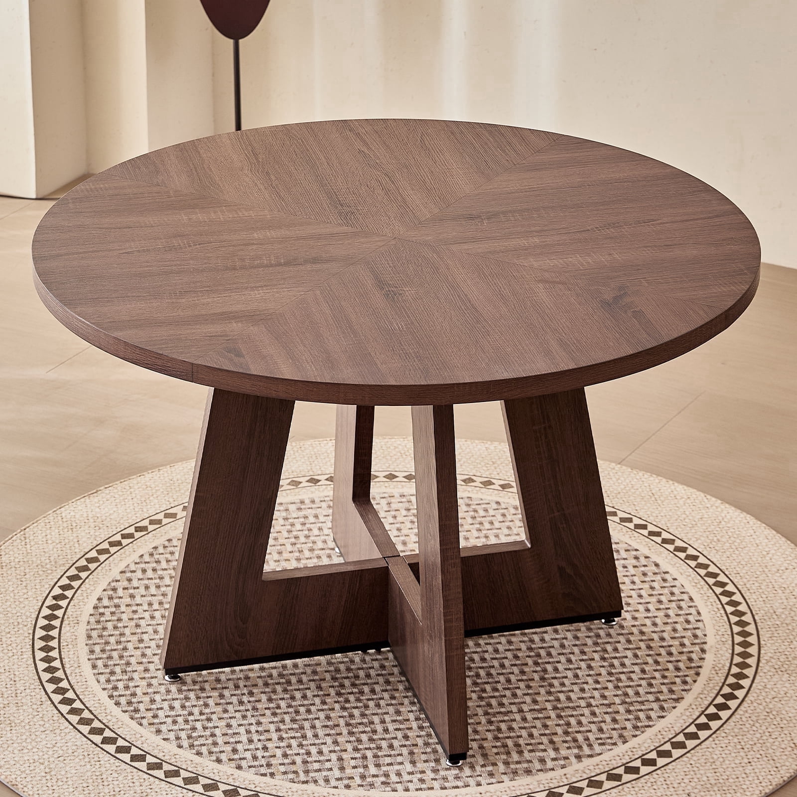 47" Round Dining Table for 4, Fanned Base, 1.38" Thick Top, Farmhouse Wood Kitchen Table for Dining Living Room Home, Walnut Color