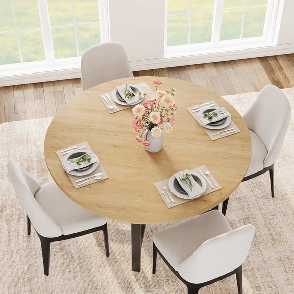 47" Round Dining Table for 4, Kitchen Dining Room Table with Sturdy Metal Frame, Wood Circle Kitchen Table for Space Saving - Brown Oak