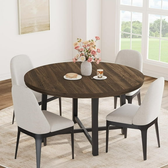 47" Round Dining Table for 4, Kitchen Dining Room Table with Sturdy Metal Frame, Wood Circle Kitchen Table for Space Saving -Brown