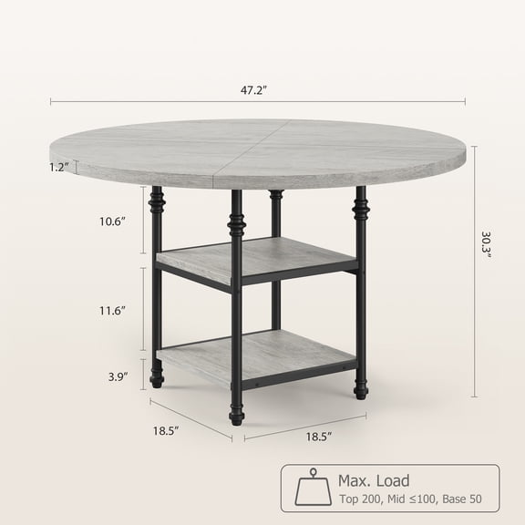 47'' Round Dining Table for 4, Kitchen Table with Storage Shelf & Metal Legs, Circle Table for Living Room Apartment (Only Table) Grey