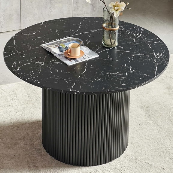 47" Round Dining Table for 4, Modern Farmhouse Marble-Look Foiled Top with MDF Striped Base, Kitchen & Dining Room Tables - Black