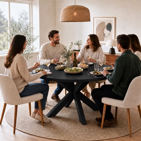 47" Round Dining Table for 4, Wood Circle Kitchen Table,x Leg Base | Wooden Pedestal Base, Farmhouse Round Dining Table for Home Dining Room