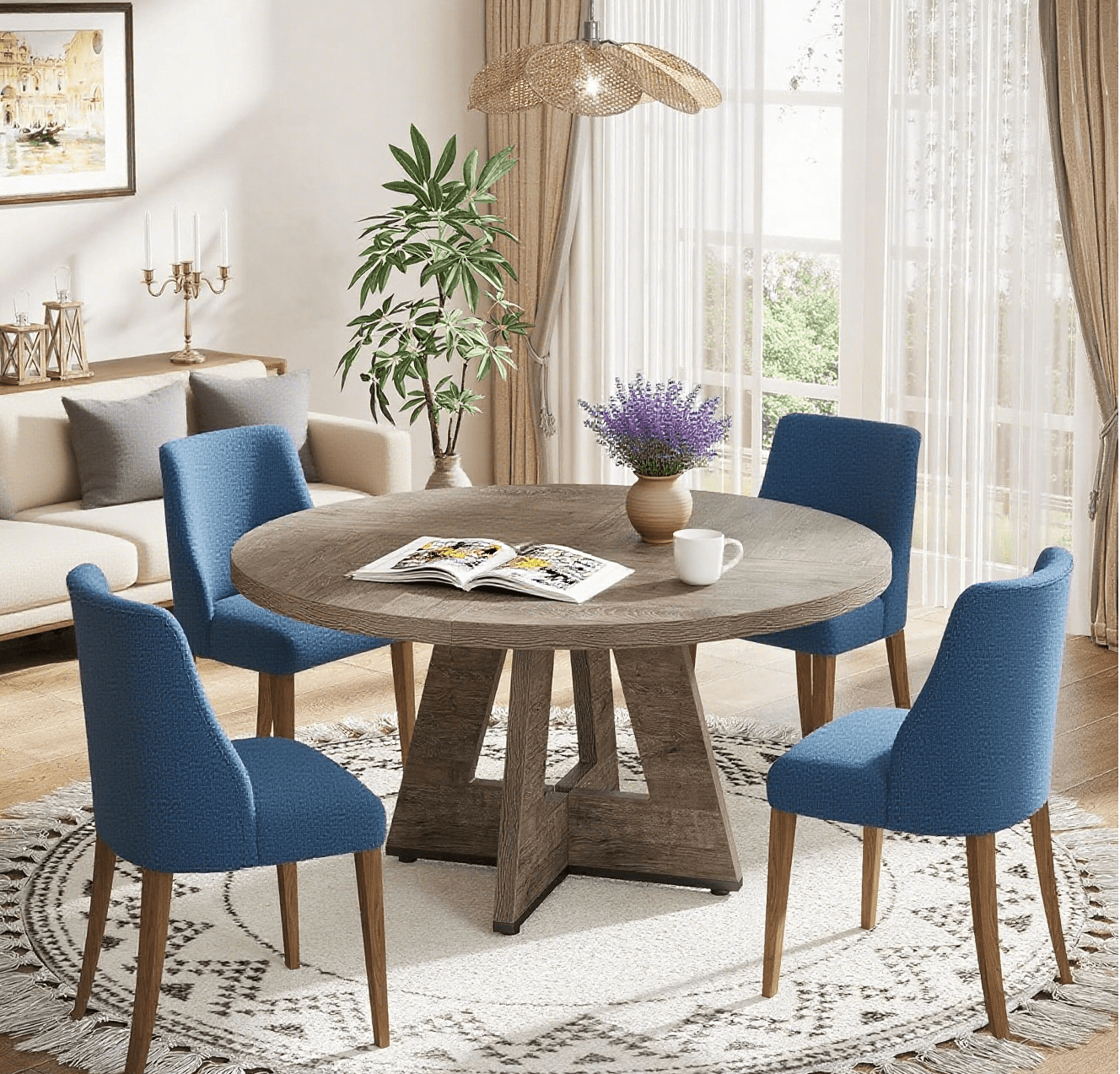 47" Round Dining Table for 4, Wooden Farmhouse Kitchen Table, Sturdy Dinner Table for Family Meals & Gatherings