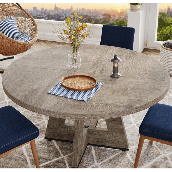 47" Round Dining Table for 4, Wooden Farmhouse Kitchen Table, Sturdy Dinner Table for Family Meals & Gatherings