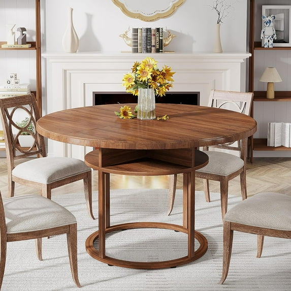 47" Round Dining Table for 4 to 6, Brown Kitchen Table with Metal Frame and 4 Divided Storage Compartments for Home