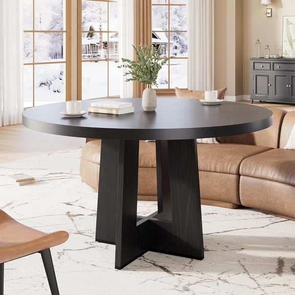 47'' Round Dining Table for 4 to 6 People, Space Saving Pedestal Base Table for Kitchen, Breakfast Nook & Small Dining Room, Black