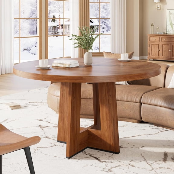 47'' Round Dining Table for 4 to 6 People, Space Saving Pedestal Base Table for Kitchen, Breakfast Nook & Small Dining Room, Walnut