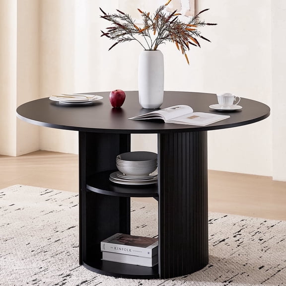 47" Round Dining Table for 4, with Shelf Storage Modern Pedestal Circle Kitchen Table for Dining Living Room Home, Black