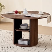 47" Round Dining Table for 4, with Shelf Storage Modern Pedestal Circle Kitchen Table for Dining Living Room Home, Brown