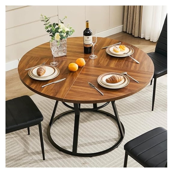 47 Round Dinner Table for 4 6, Small Circle Dining Room Table with Metal Legs, Modern Farmhouse Rustic Kitchen Table for Living Room Apartment Restaurant (Brown)