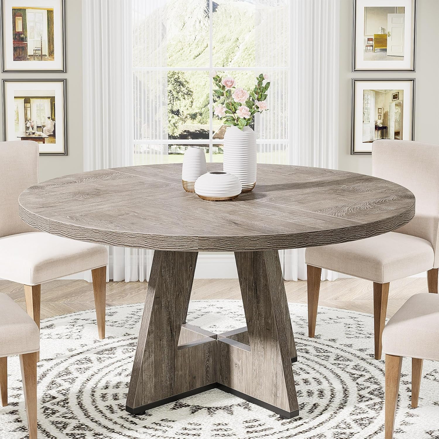 47" Round Farmhouse Dining Table - Rustic Grey Wood Kitchen Table for 4, Cross Base Design ...