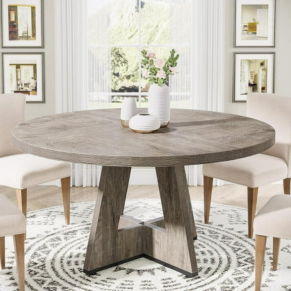 47 Inch Farmhouse Round Wood Dining Table, Cross Base 4-Person Table with Upgraded Metal Connectors for Dining Room/Breakfast Nook/Open-Concept Living
