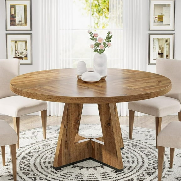47 Inch Farmhouse Round Wood Dining Table, Cross Base 4-Person Table with Upgraded Metal Connectors for Dining Room/Breakfast Nook/Open-Concept Living