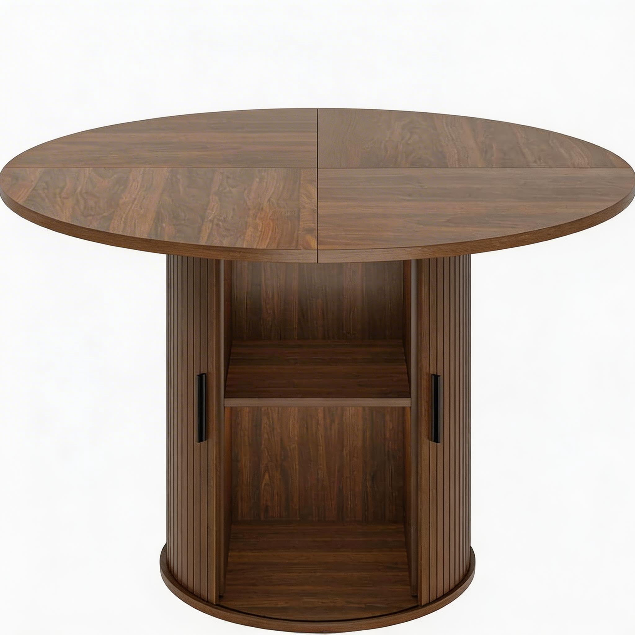 47" Round Farmhouse Dining Table for 4-6 - 2-Tier Storage Pedestal with Sliding Wood Door & Striped Base - Modern Kitchen & Dining Table-Walnut