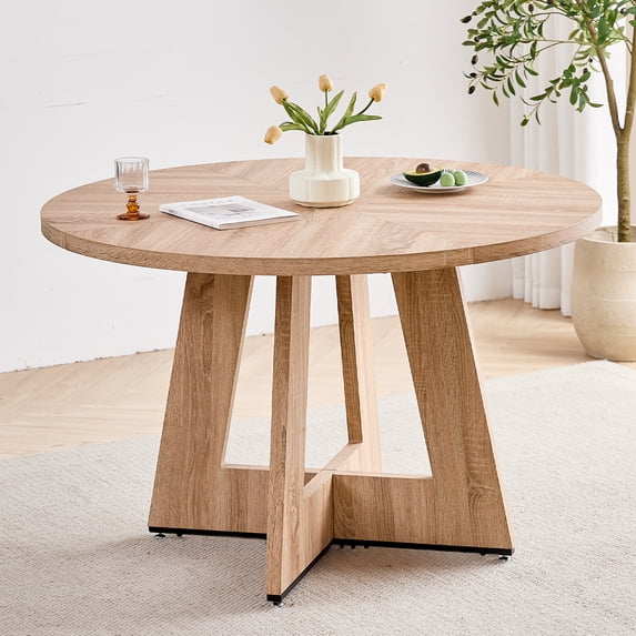 47" Round Dining Table for 4 People, Modern Farmhouse Wooden Kitchen Table for Dining Room, Natural