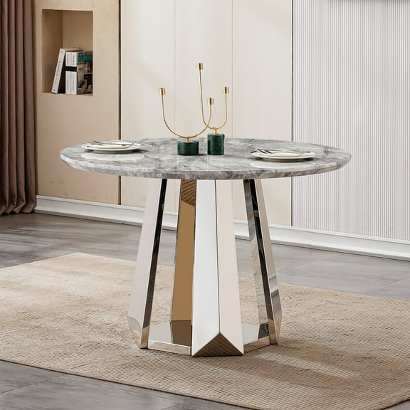 47" Round Faux Marble Dining Table, Modern Kitchen Design, High Gloss Top & Stainless Steel Base (Silver,Gray), Table Only