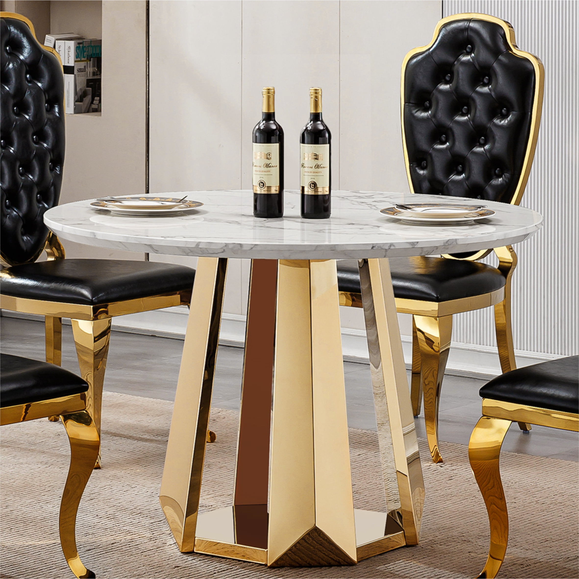47" Round Marble Dining Table, Modern Kitchen Table with High Gloss ...