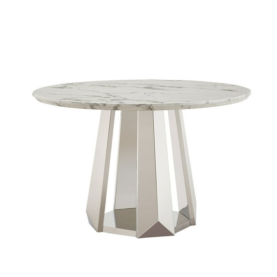 47" Round Marble-Effect Dining Table, Modern Stainless Steel Base Kitchen Table with High-Gloss Faux Marble Top, Multi-Purpose Heavy-Duty Dining Room Table (Silver & White)