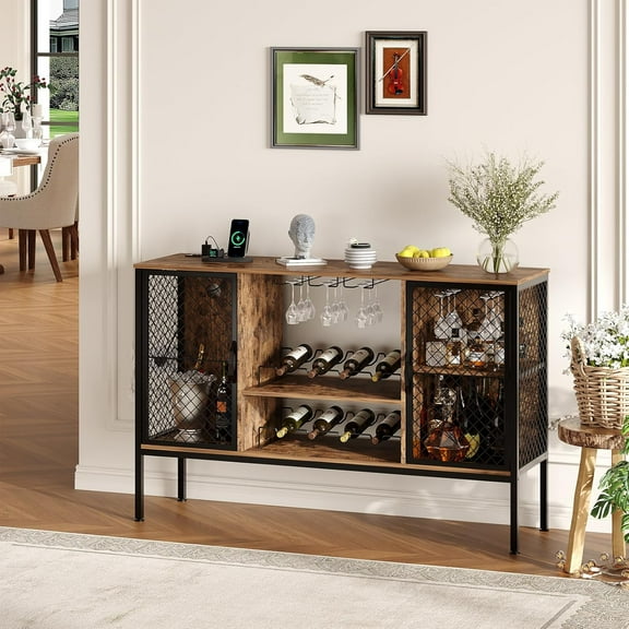 47" Rustic Brown Industrial Coffee Bar Cabinet, LED + Power Outlets, 2 Doors, Glass Holder, Liquor Storage