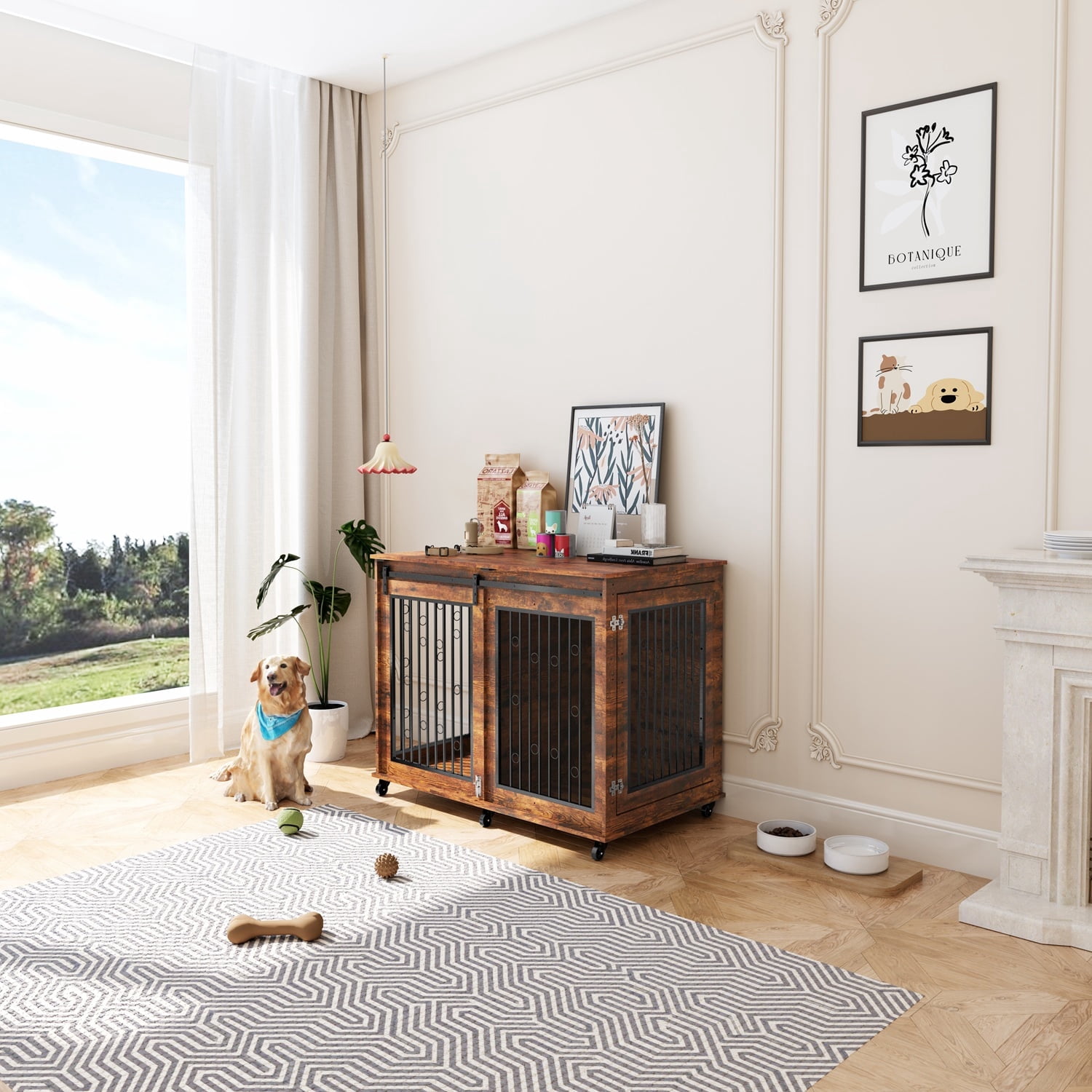 Mulinsonfly 47" Wooden Dog Crate Furniture with Sliding Barn Door, Flip-Top Lid, Lockable Wheels & Removable Divider, Indoor Dog Kennel Table for Small, Medium, Large Breeds