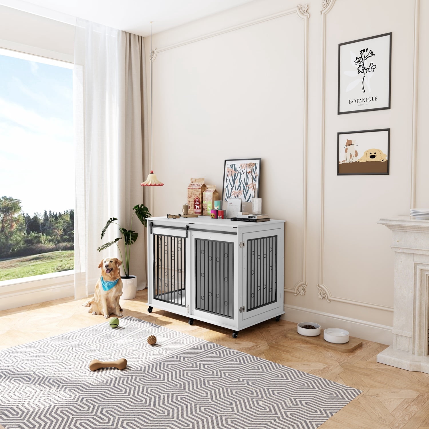 Mulinsonfly 47" Wooden Dog Crate Furniture with Sliding Barn Door, Flip-Top Lid, Lockable Wheels & Removable Divider, Indoor Dog Kennel Table for Small, Medium, Large Breeds