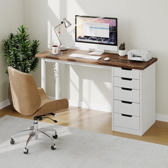 47" Rustic Computer Desk with 5 Drawers, Reversible Modern Writing Table with Metal Legs, Storage Workstation for Home Office and Small Spaces