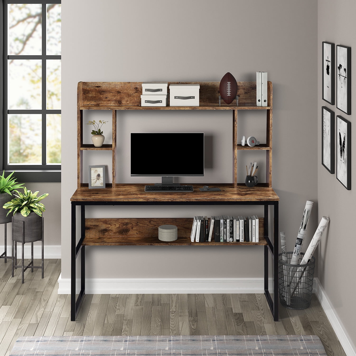 47" Rustic Computer Desk with Hutch, Home Office Desk and Modern Writing Desk with Storage Shelves