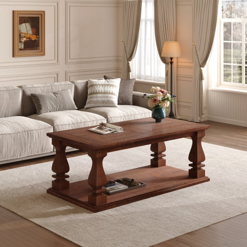 47" Rustic Living Room Coffee Table, Low Coffee Table with Storage Shelf, Accent Coffee Table with Sturdy Legs for Lounge and Den, Antique brown,Walnut Brown
