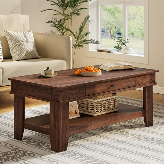 47" Rustic Storage Coffee Table with Drawer - Sturdy Farmhouse StylTowallmark Living Room Table, Open Shelf, Dark Brown
