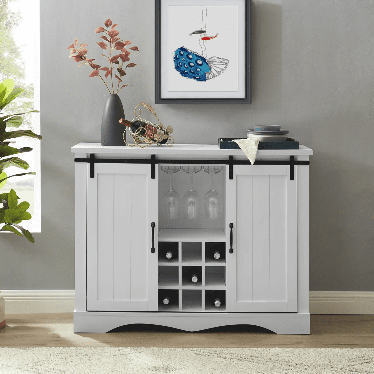 47" Rustic Wine Cabinet with Sliding Barn Doors,White