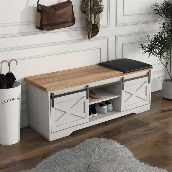 47" Shoe Storage Bench,Entryway Bench,Modern Farmhouse Sliding Barn Door Storage Racks for Entryway Hallway,Brown+White